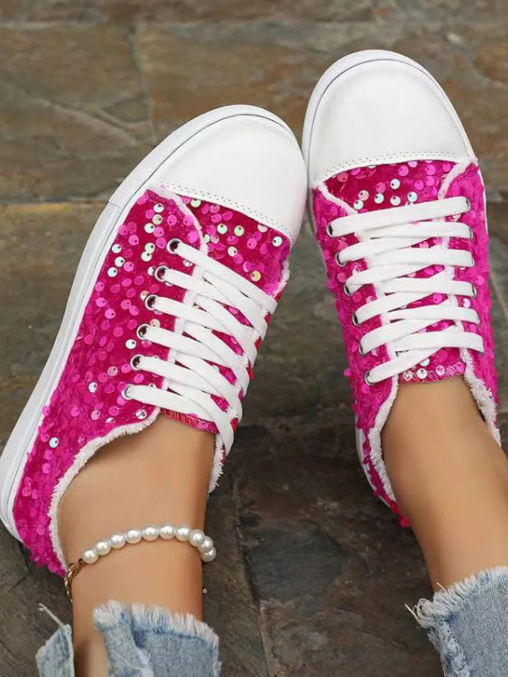 Sequin Round Toe Flat Sneakers  Sneakers