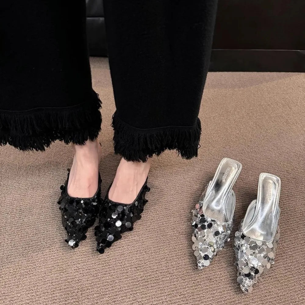 Thin Heel Bling Sexy Women Slippers Mules Shoes Dress Party Sandals Summer Flip Flops Casual Walking Mujer Zapatos Slides  casual slippers