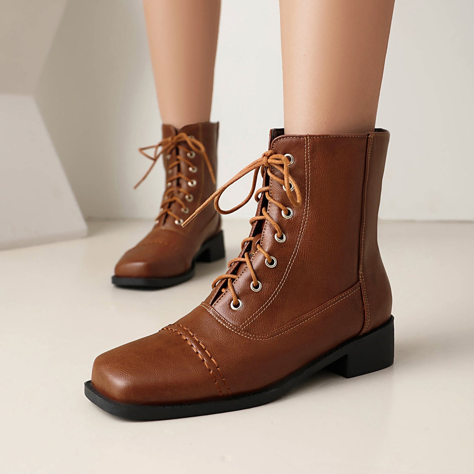 Womens Comfortable Lace-Up Square-Toe Outdoor Motorcycle Boots 