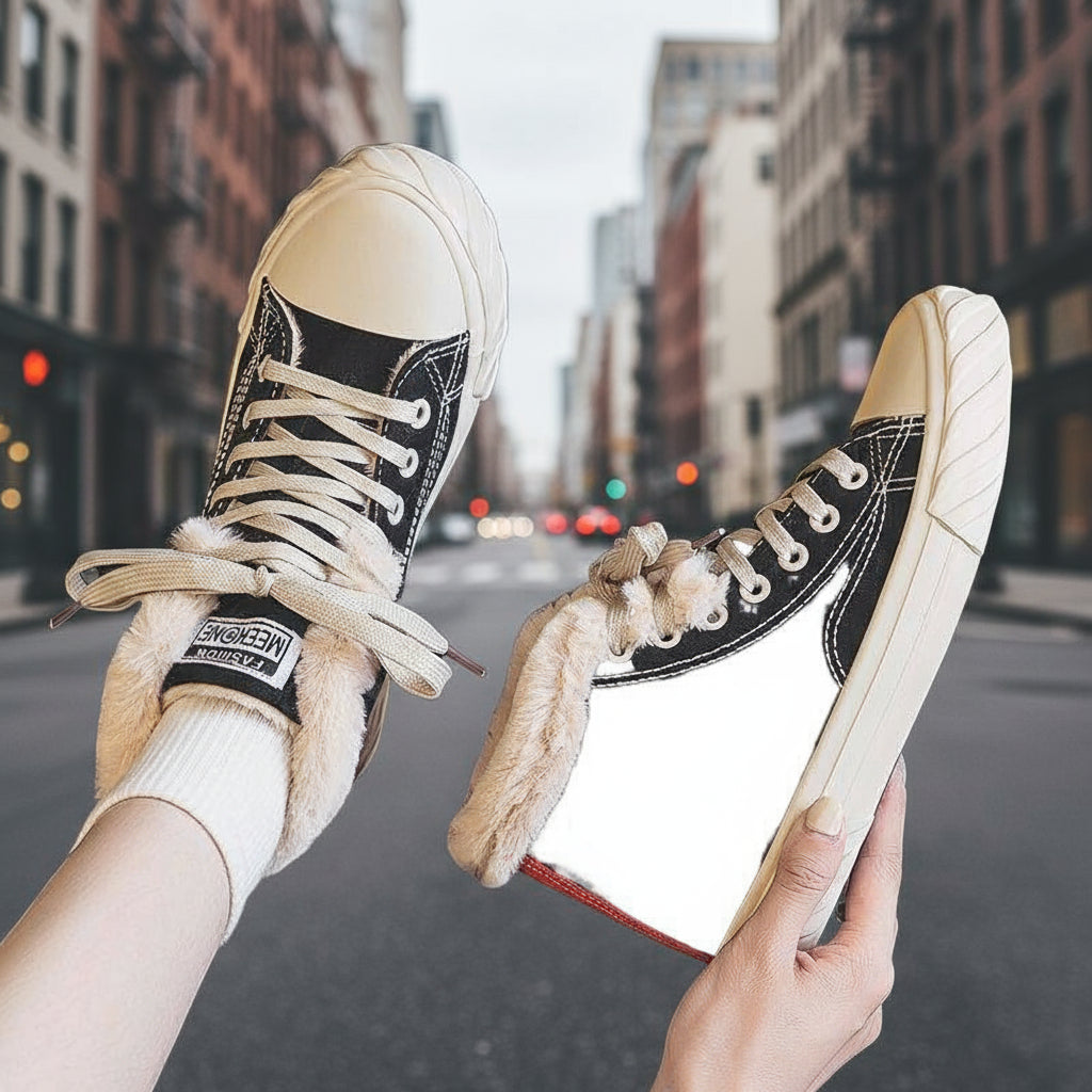 Women's Warm Black Winter Thick Flat High-top With Velvet Canvas Shoes 