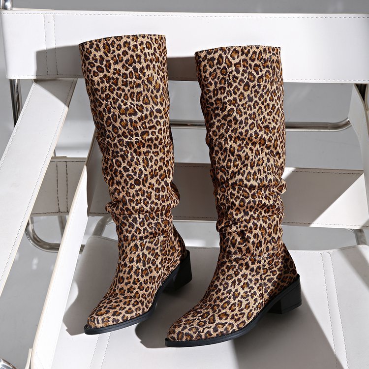Fashion Square Toe Chunky Heel High Heel Leopard Print Boots  Boots