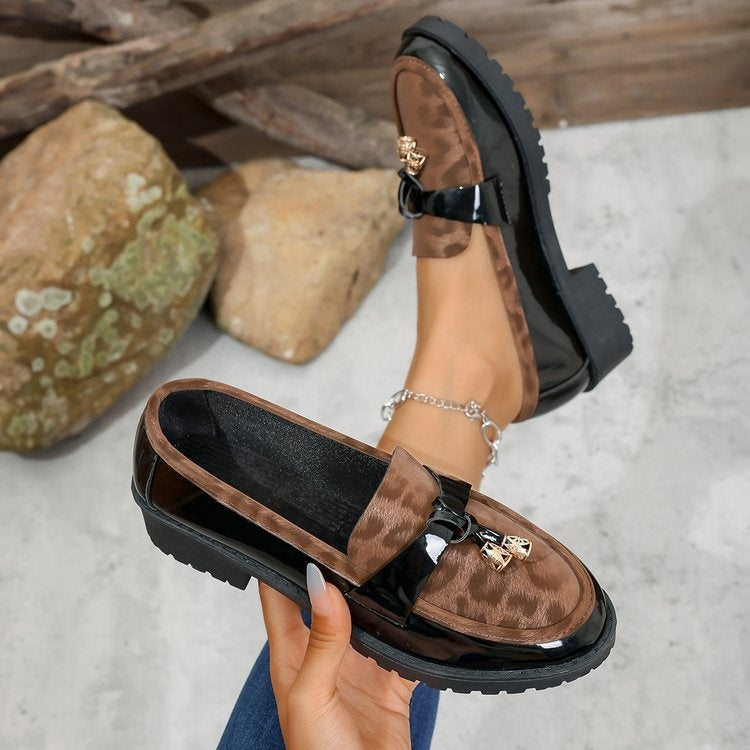 New 2025 Autumn Winter Korean Style Mid-Heel Retro Leopard Print Buckle Loafers, Lightweight Height-Increasing Non-Slip Casual Shoes 