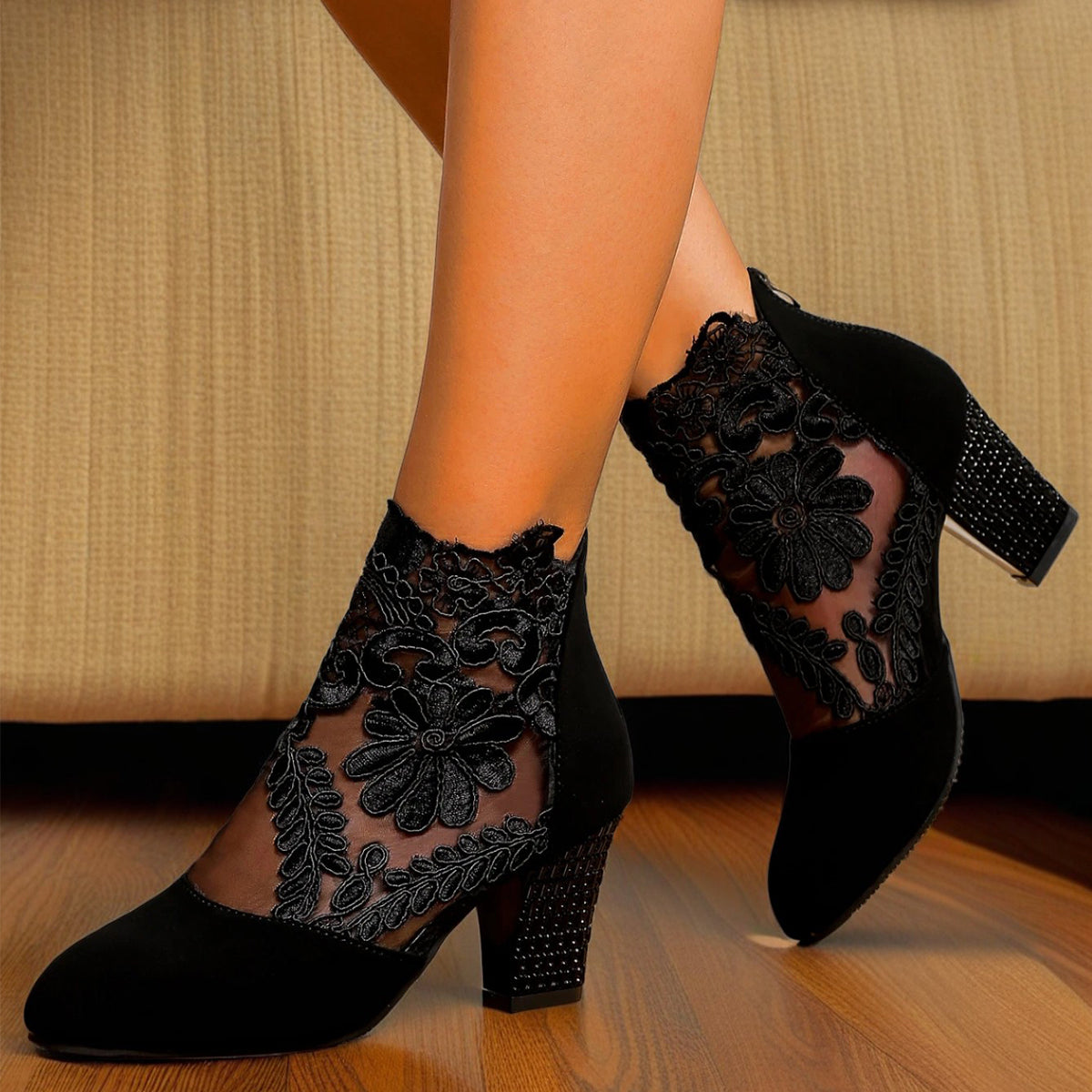 CBlack Lace Embroidered Mesh Ankle Boots, Chunky Rhinestone High-heeled Ankle Boots, Suede Patchwork Sexy Hollow-out Women's Boots, Versatile For Dating And Commuting, Exuding Elegant Femininity, Uniq 