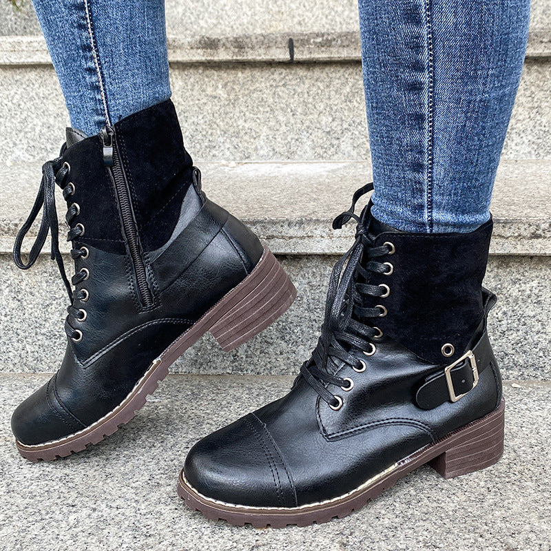 Couple Round Toe Martin Boots Chunky Heel Lace-up  Boots