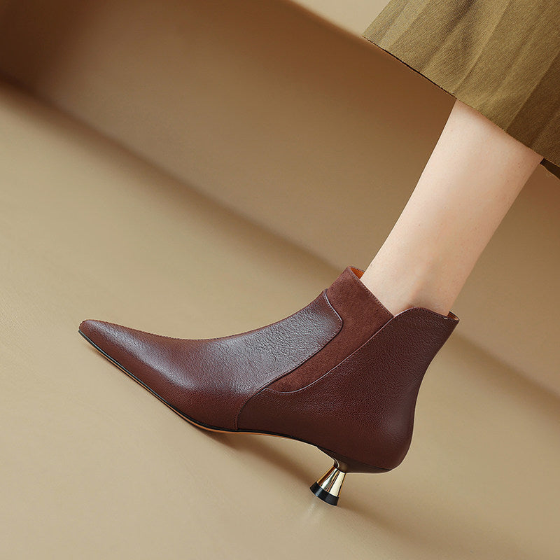 Genuine Leather Pointed-toe Kitten Heel Ankle Boots With A Sleek Mid-heel Design 