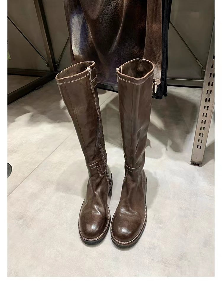Washed Horse Leather Belt Buckle Thick Bottom Thigh High Boots Women  Boots