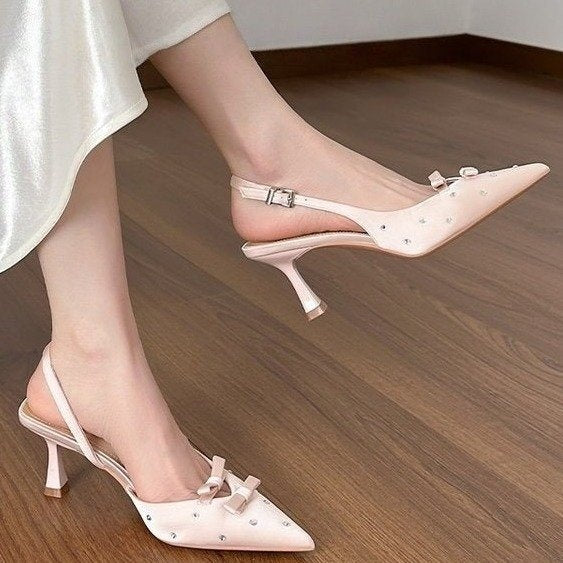 2026 Spring-Summer New Closed Toe Slingback Heeled Sandals For Women, Stiletto Heel With Bowknot, Rhinestone Fashion High Heels, European & American Style 