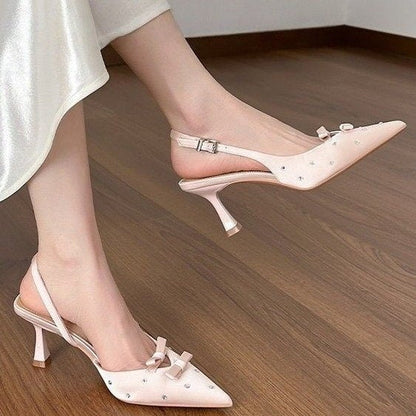 2026 Spring-Summer New Closed Toe Slingback Heeled Sandals For Women, Stiletto Heel With Bowknot, Rhinestone Fashion High Heels, European & American Style 