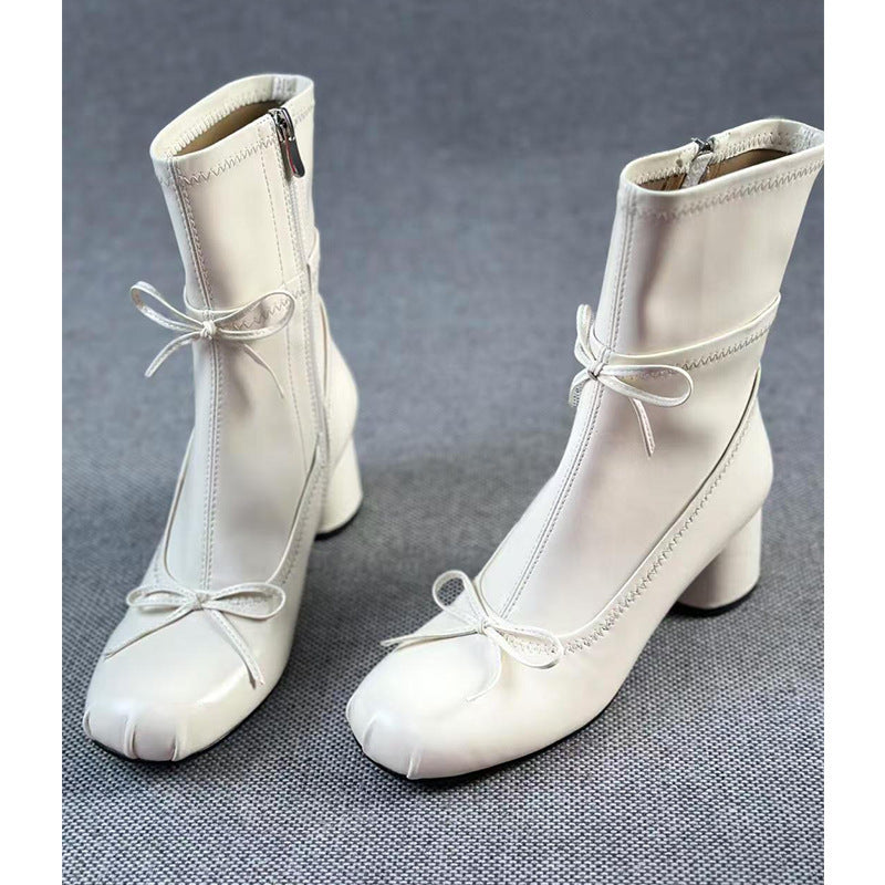 Ballet Style White High-heeled Round Head Thin Booties  Boots