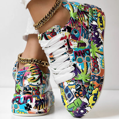 Women's Casual Round Toe Thick Sole Lace-Up Sneakers, Random Print Design, Comfortable Sporty Shoes For Daily Wear CJ US