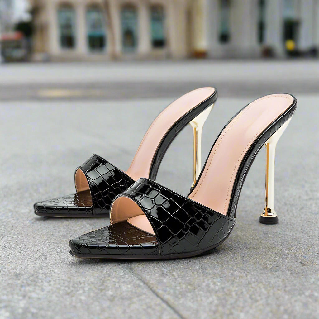 Eilyken Summer New Women Slippers Snake Print Mule High Heels Shoes Sandals Sexy Pointed Toe Metal Heel Slides Party Dress Shoes  casual slippers