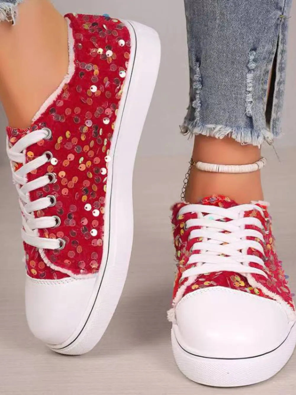 Sequin Round Toe Flat Sneakers  Sneakers