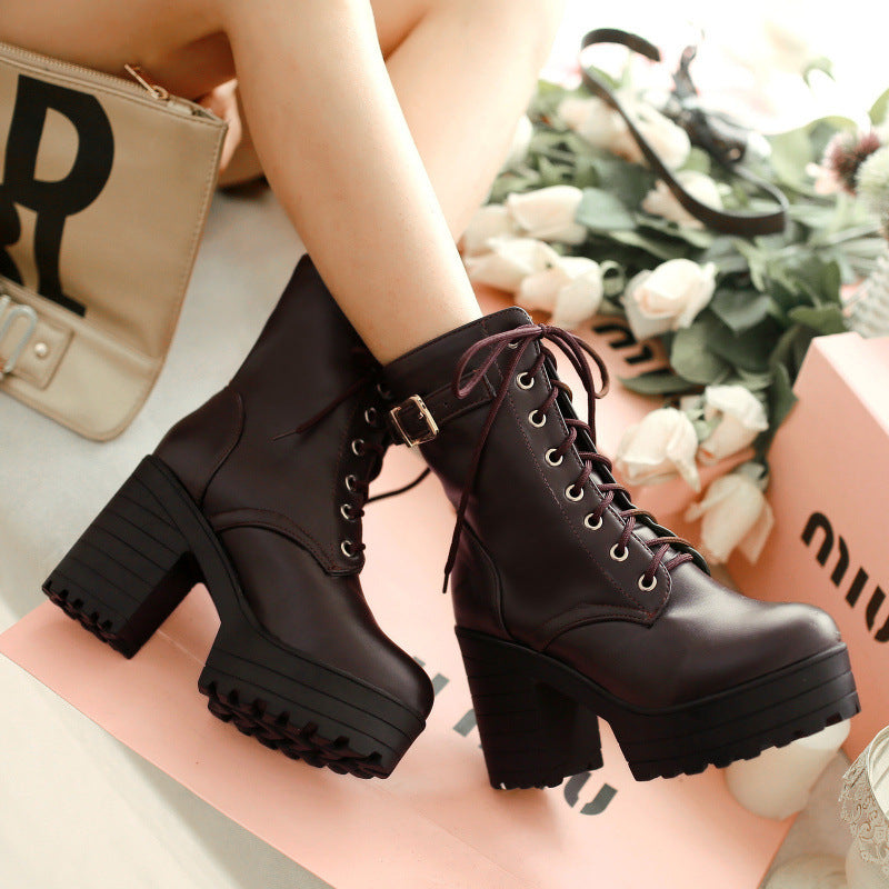 Women’s Chunky Heel PU Martin Boots – Stylish Ankle Combat Boots 