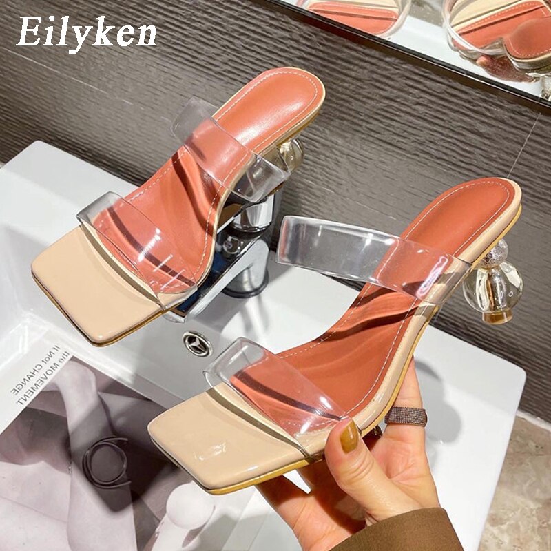 Summer Square Toe Ladies Slippers PVC Transparent Crystal Strange Style Clear Heel Women Leopard Grain Slides  casual slippers