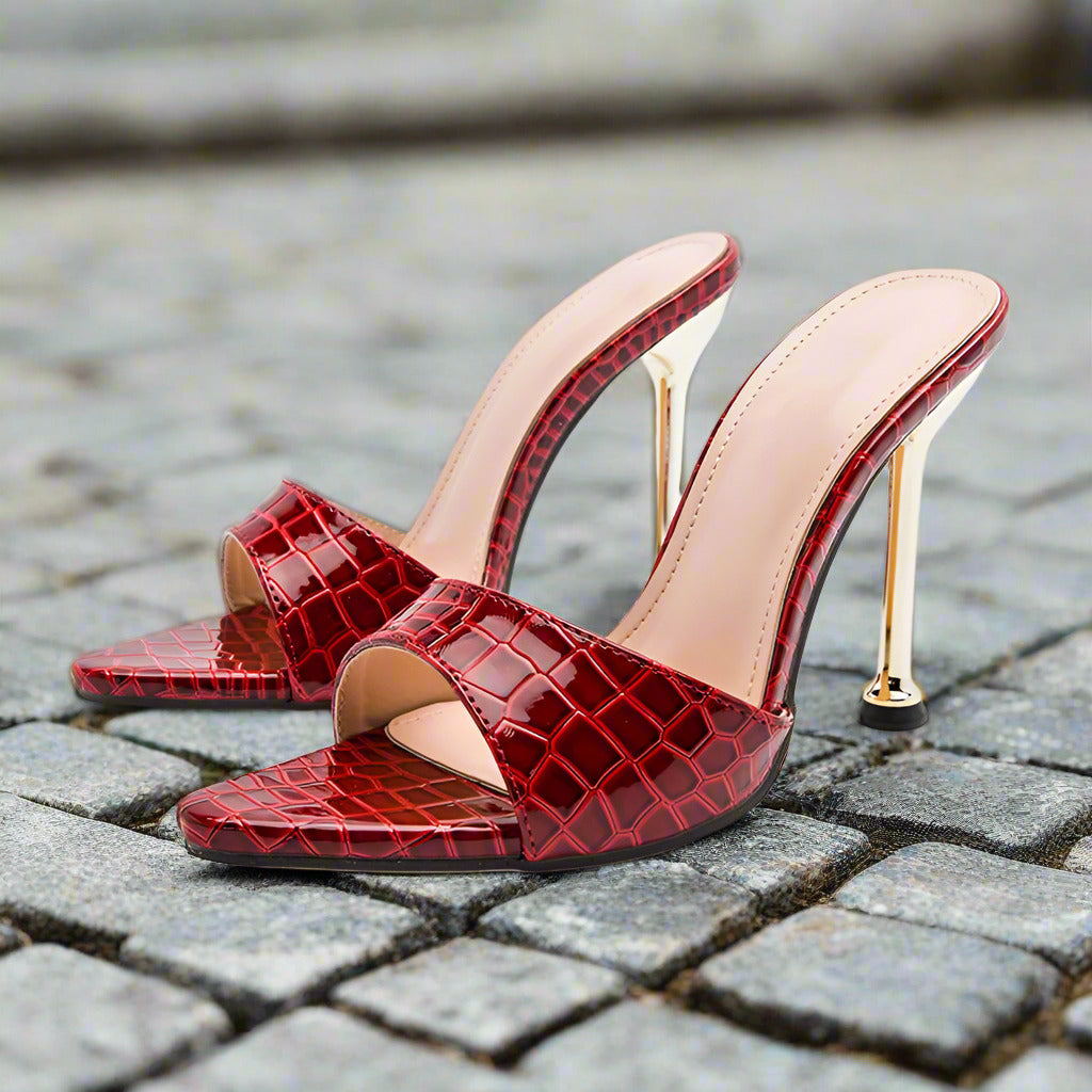 Eilyken Summer New Women Slippers Snake Print Mule High Heels Shoes Sandals Sexy Pointed Toe Metal Heel Slides Party Dress Shoes  casual slippers