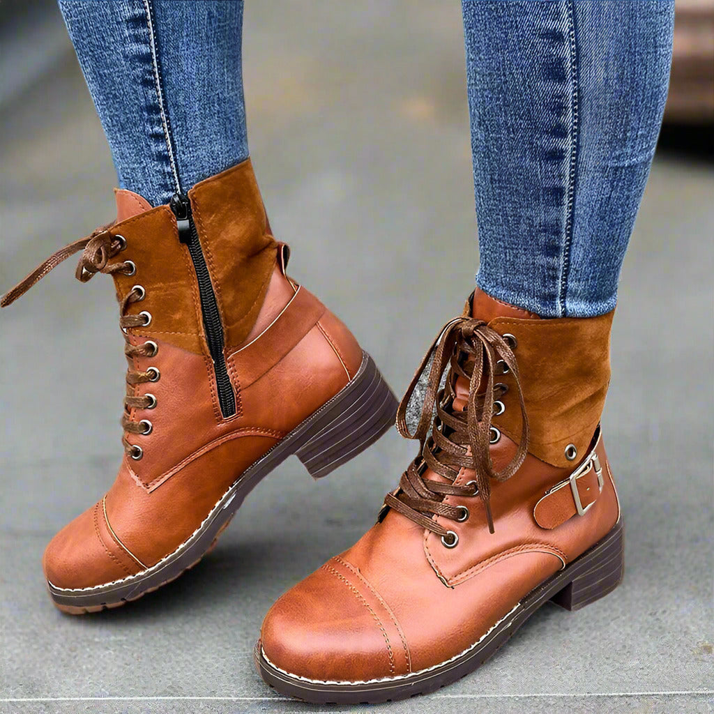 Couple Round Toe Martin Boots Chunky Heel Lace-up  Boots