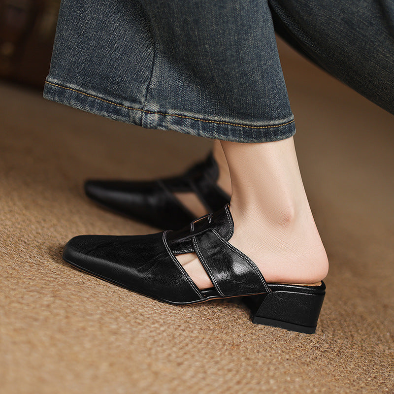 Retro Closed Toe Half Slippers Women's Summer Low Heel Thick Heel Rear Empty Sandals 