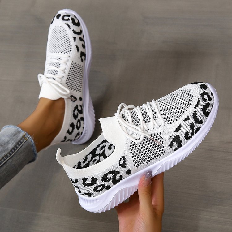 White Shoes Women Leopard Print Lace-up Sneakers Sports  Sneakers