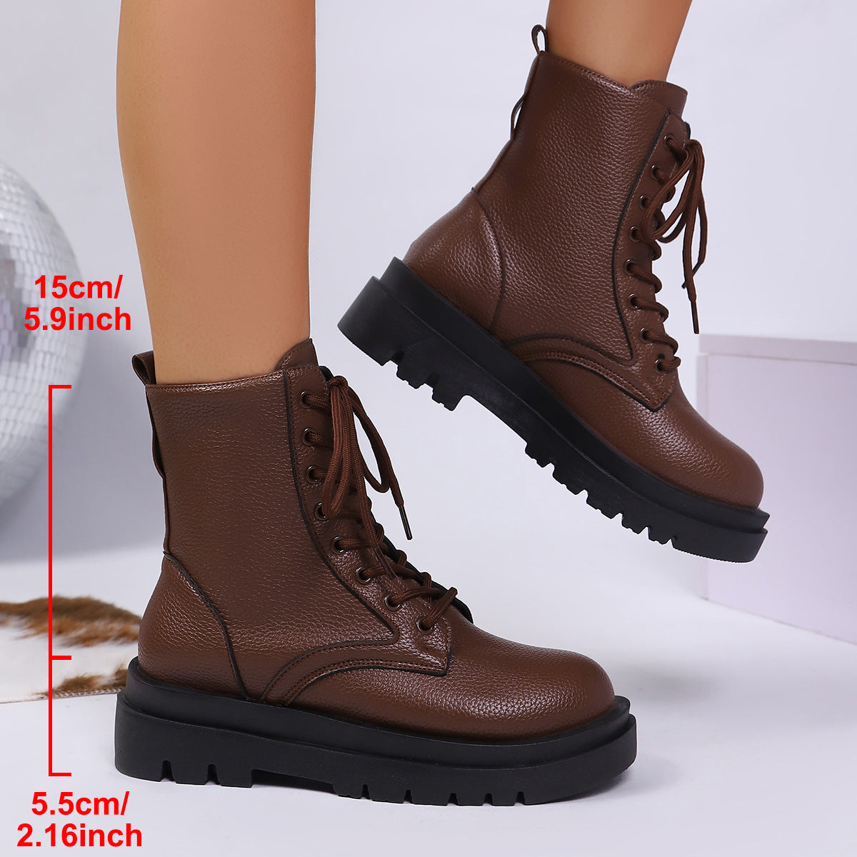 Women's Round-toe Plus-size Lace-up Chunky-sole Ankle Boots 