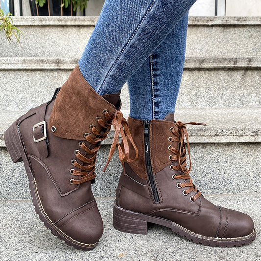Couple Round Toe Martin Boots Chunky Heel Lace-up  Boots
