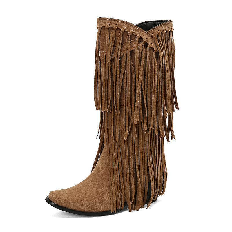 Women's High Boots Autumn And Winter Suede High Heel Tassel Boots Below The Knee  Boots