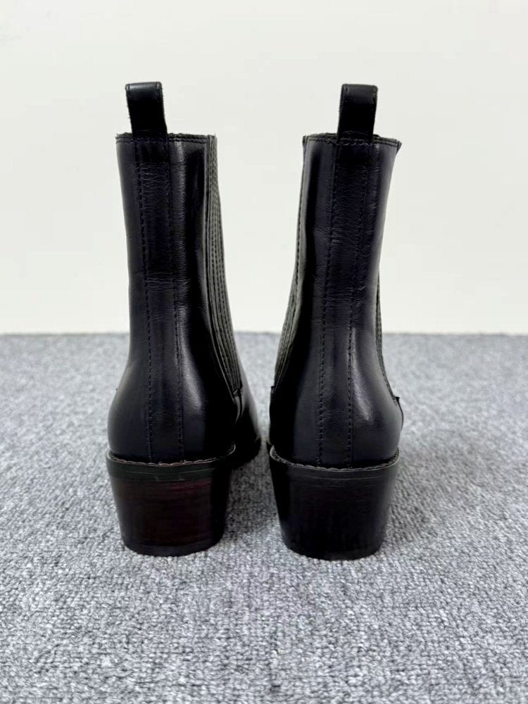 Mid-heel Chunky-heel Retro Square-toe Matte Leather Womens Boots 