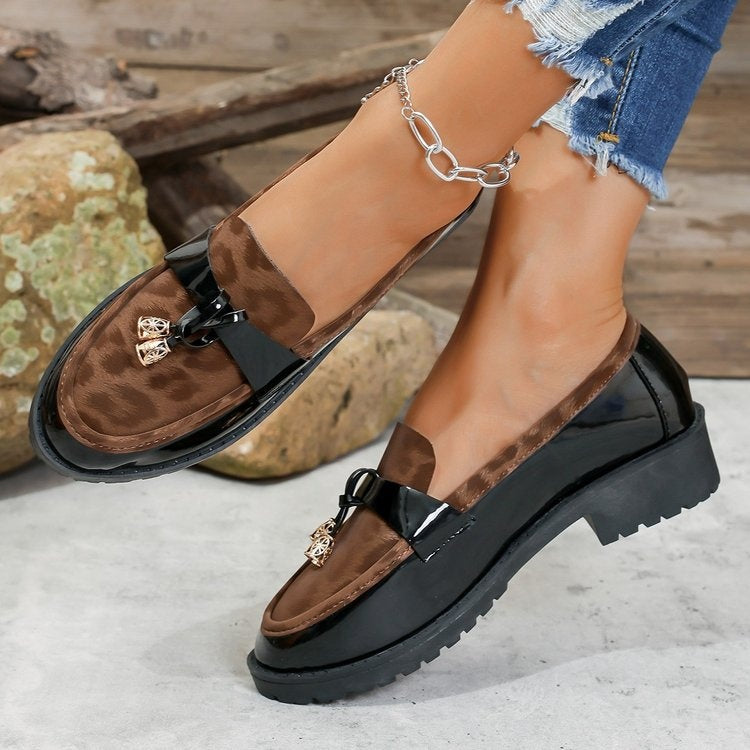 New 2025 Autumn Winter Korean Style Mid-Heel Retro Leopard Print Buckle Loafers, Lightweight Height-Increasing Non-Slip Casual Shoes 