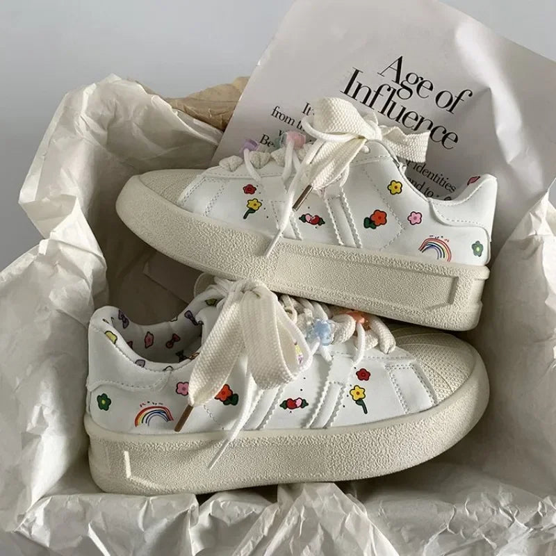 Spring Sports Running White Chunky Sneakers Women Shoes Platform Loafers Lace Up Flats Trend Spring Casual  Vulcanized Shoes  Sneakers