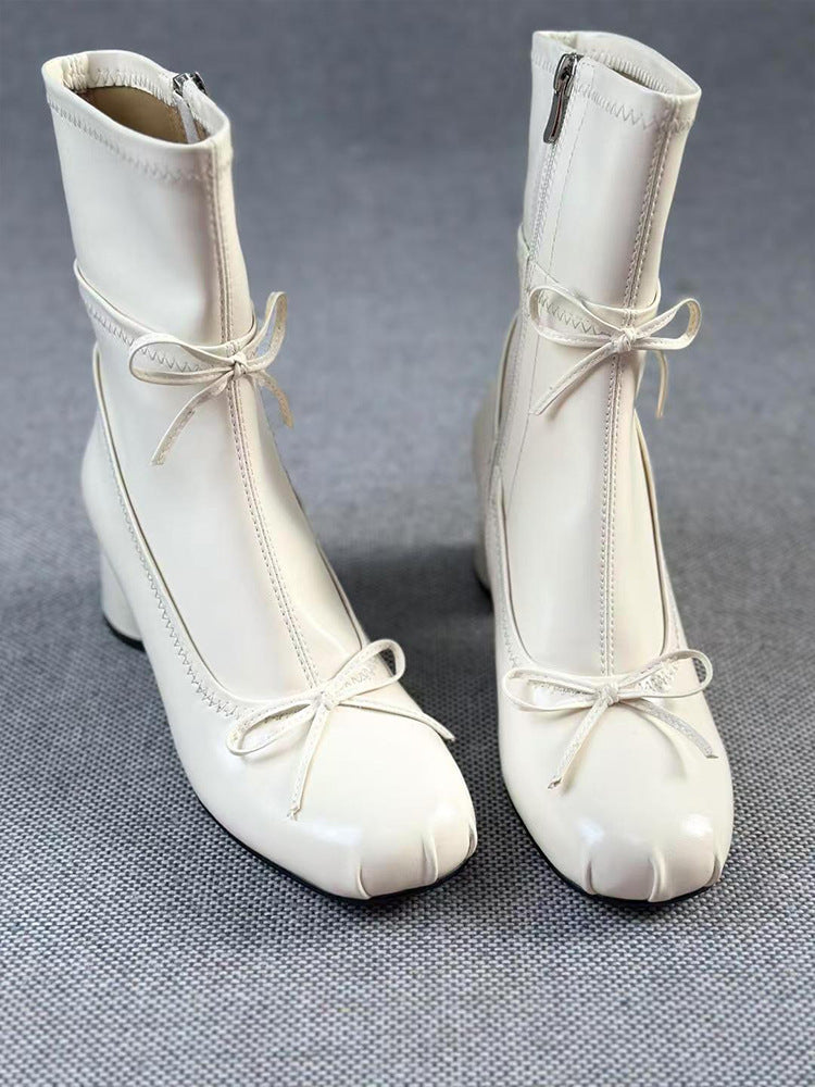 Ballet Style White High-heeled Round Head Thin Booties  Boots
