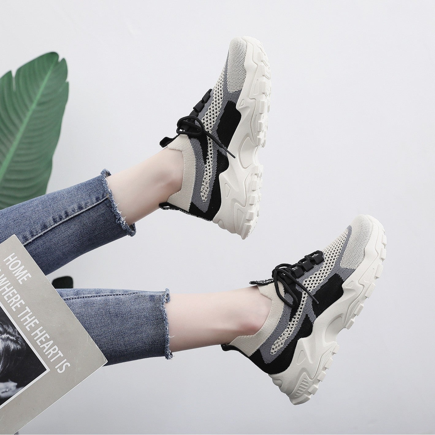 Flyknit shoes breathable and comfortable thick soled shoes dad shoes women's sports shoes  walking shoes