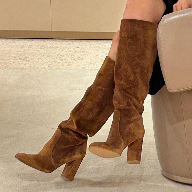 Suede Pleated High Heel Thick Heel Pointed Sleeve Boots 