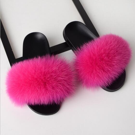 Women Flat Non-slip Solid Fox Fur Slides Real Fox hair Slides Large Size Slippers  casual slippers