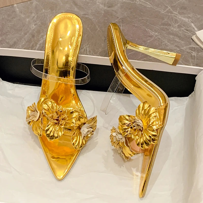 Eilyken Summer PVC Transparent Flower Sexy Pointed Toes Thin Heels Slippers Woman Dress Party Mules Slides Shoes Zapatos De Muje  casual slippers