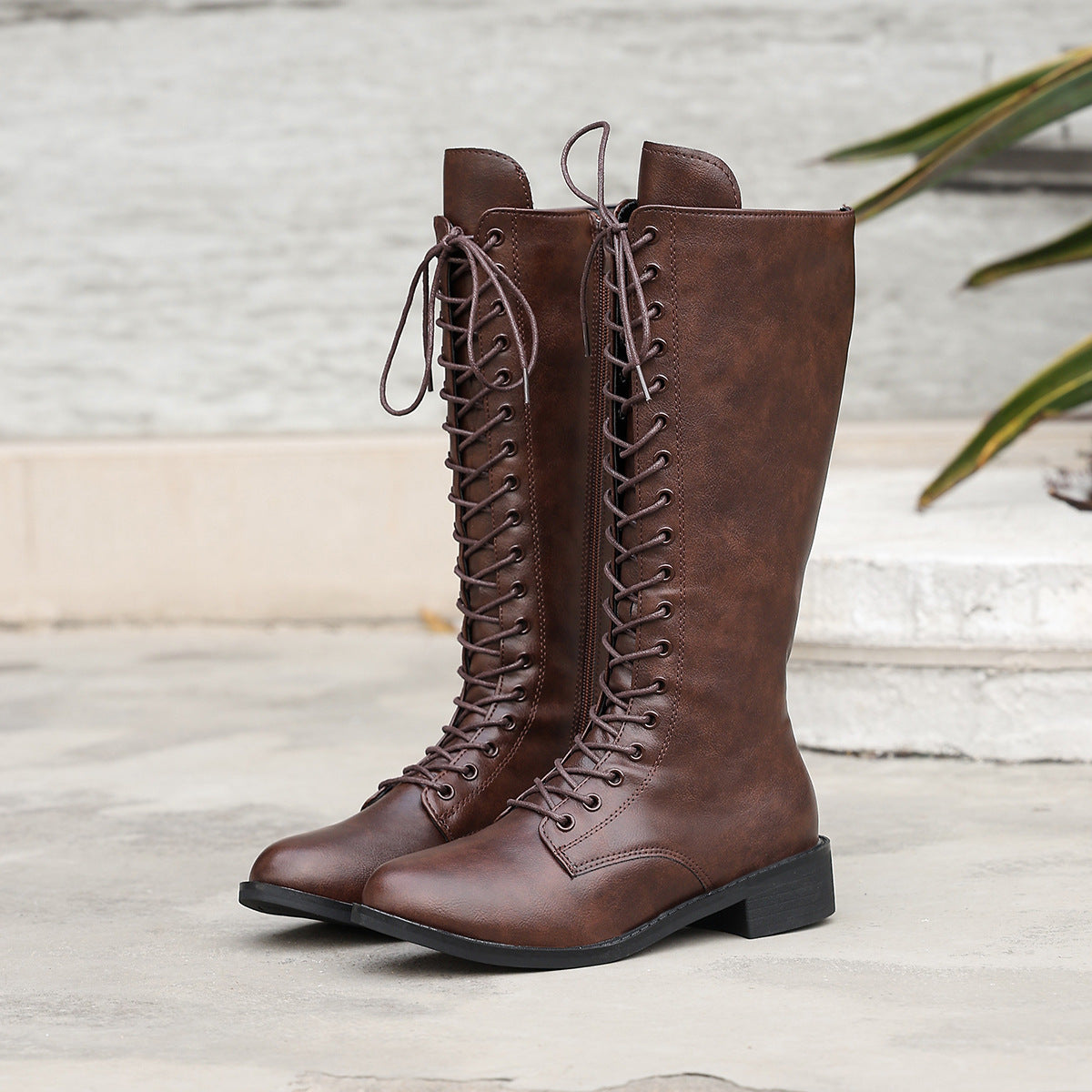 Womens Stylish Round-toe Lace-up Knee-high Boots 