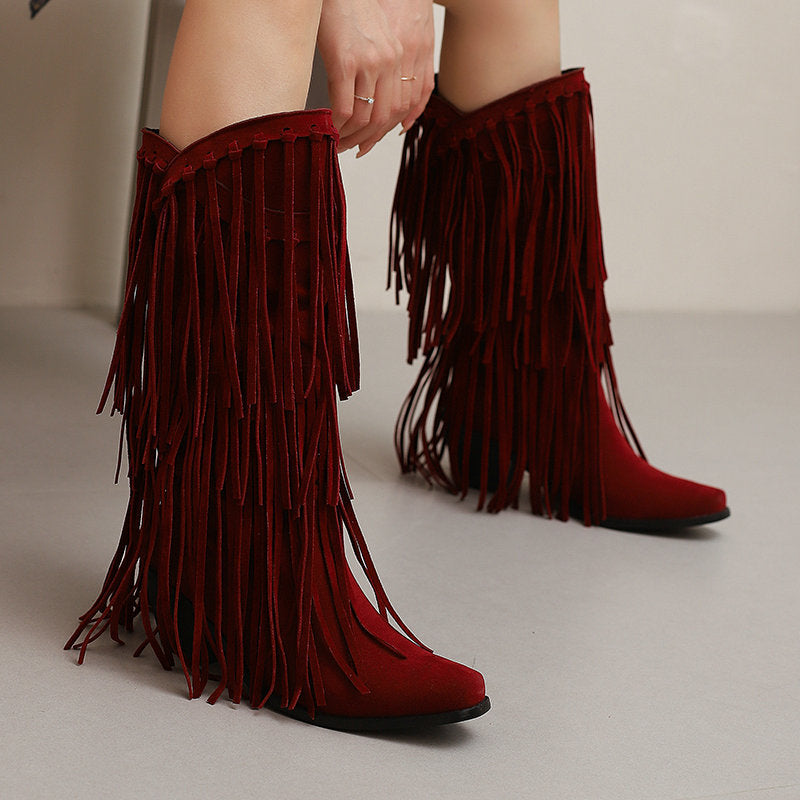 Women's High Boots Autumn And Winter Suede High Heel Tassel Boots Below The Knee  Boots