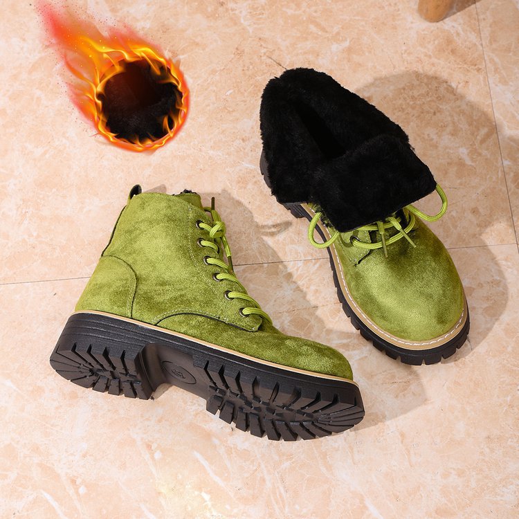 Front Lace-up Suede Ankle Boots With Fleece Lining 