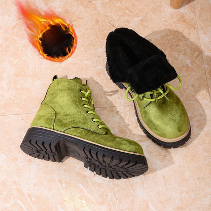 Front Lace-up Suede Ankle Boots With Fleece Lining 