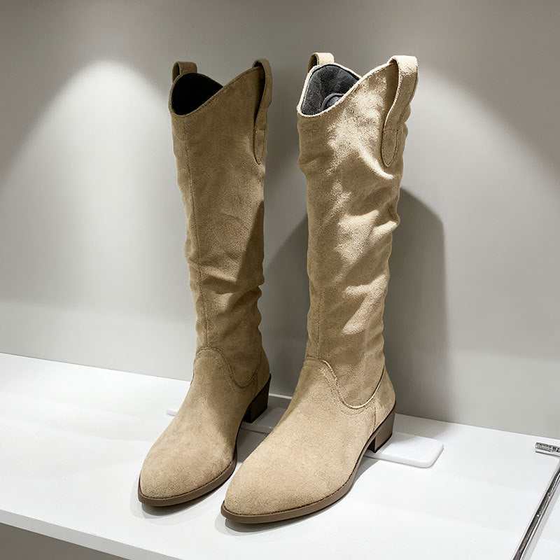 Chunky Heel Suede High-Top Riding Boots Women | Stepique 