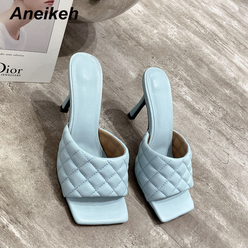 Aneikeh NEW Sexy PU Diamond Square Head Peep Toe Thin High Heels Slippers Summer Fashion Slip On Slides Women Mules Party Shoes  casual slippers