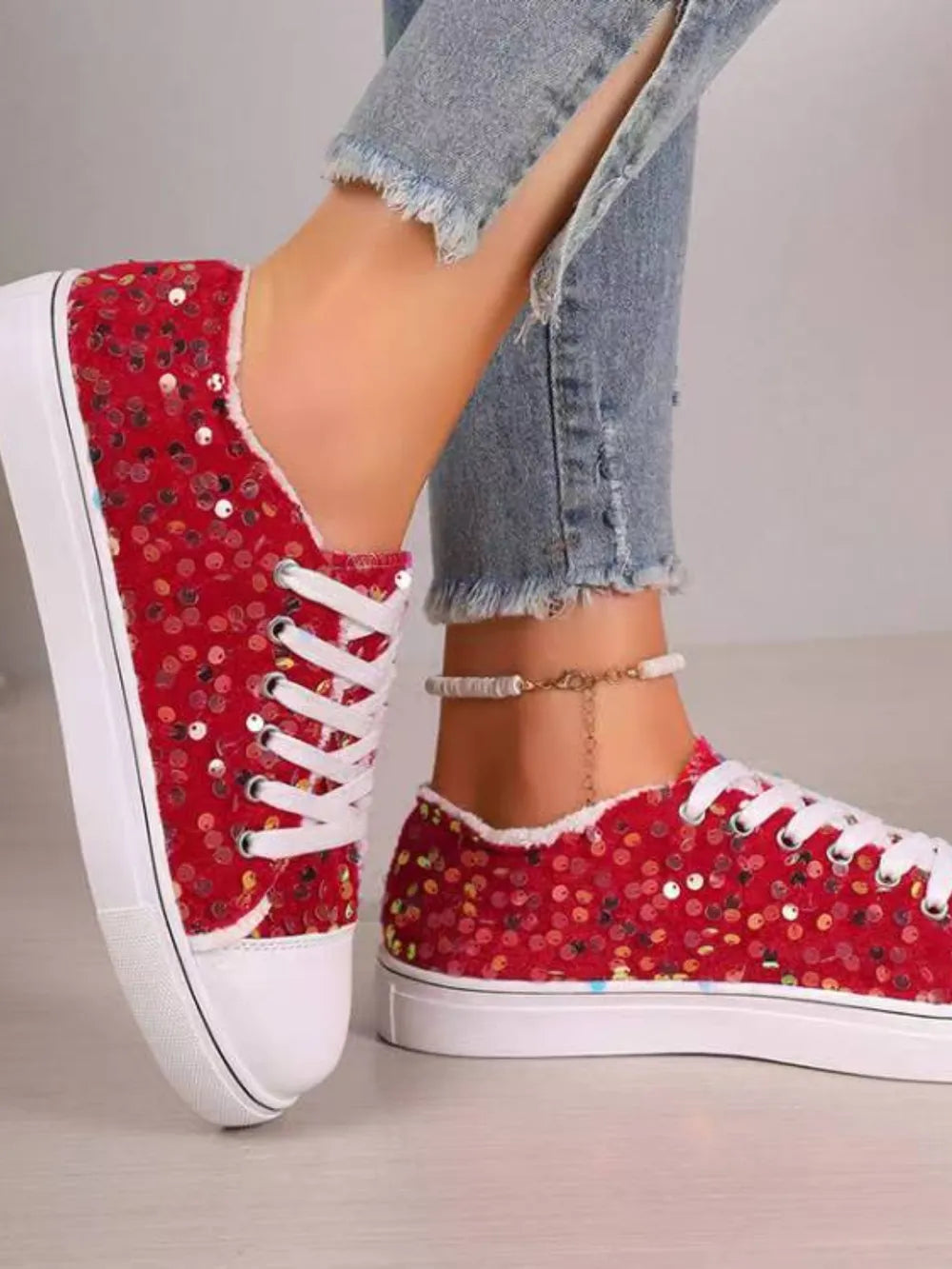 Sequin Round Toe Flat Sneakers  Sneakers