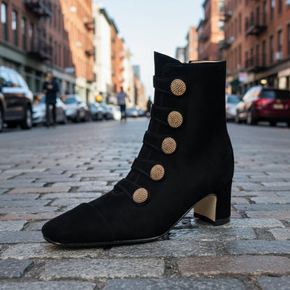 Retro High-heeled Ankle Boots For Women New Autumn Style Suede Round Toe Side Zipper Chunky Heel 