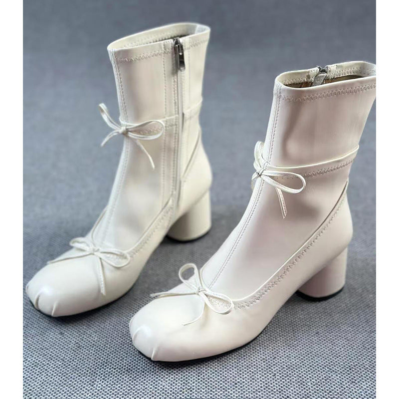 Ballet Style White High-heeled Round Head Thin Booties  Boots