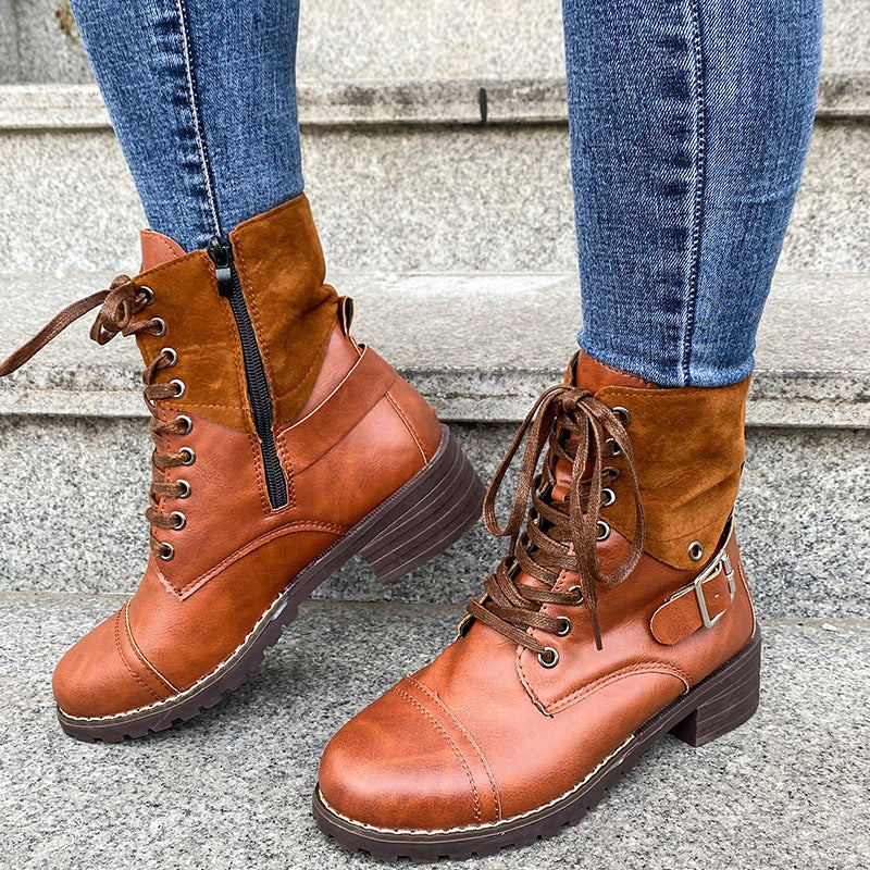 Couple Round Toe Martin Boots Chunky Heel Lace-up  Boots