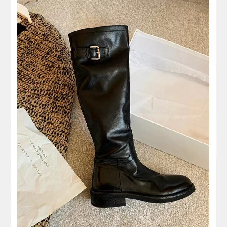 Washed Horse Leather Belt Buckle Thick Bottom Thigh High Boots Women  Boots