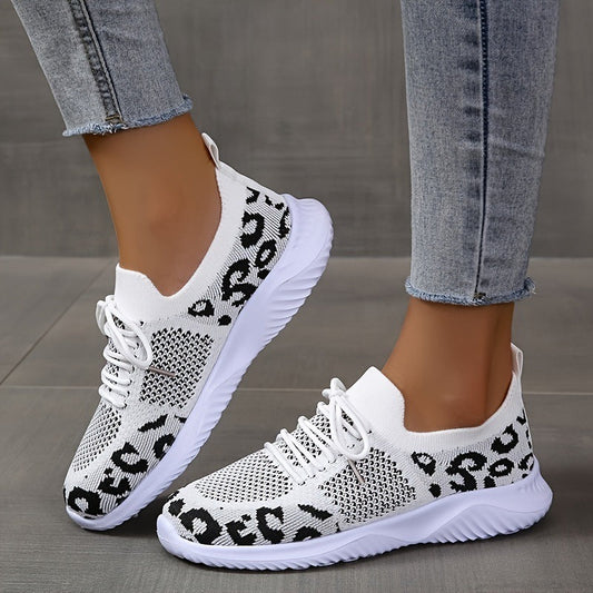 White Shoes Women Leopard Print Lace-up Sneakers Sports  Sneakers