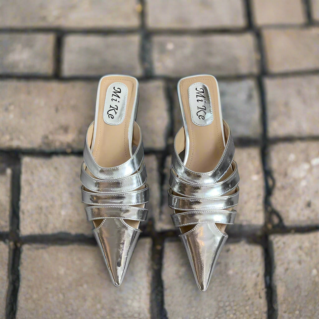 Pointed Toe Women Slides Slippers Black Gold Silver White Casual Outside Flat Slippers Hollow Dress Shoes Summer Slip On Pumps  casual slippers