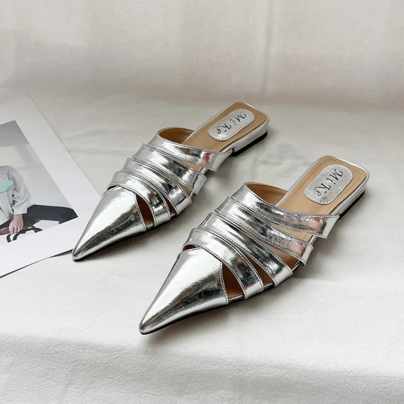 Pointed Toe Women Slides Slippers Black Gold Silver White Casual Outside Flat Slippers Hollow Dress Shoes Summer Slip On Pumps  casual slippers
