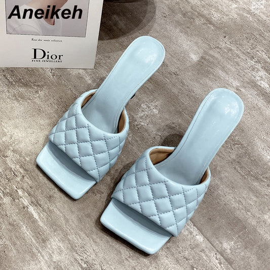 Aneikeh NEW Sexy PU Diamond Square Head Peep Toe Thin High Heels Slippers Summer Fashion Slip On Slides Women Mules Party Shoes  casual slippers