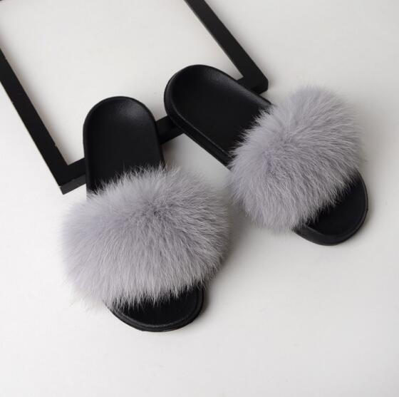 Women Flat Non-slip Solid Fox Fur Slides Real Fox hair Slides Large Size Slippers  casual slippers
