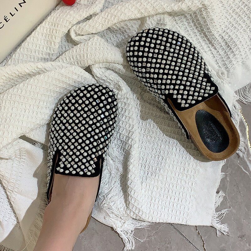 Mules Slippers Women Casual Summer Slides Rhinestones Female Shoes Ladies Outside Round Toe Flats  casual slippers
